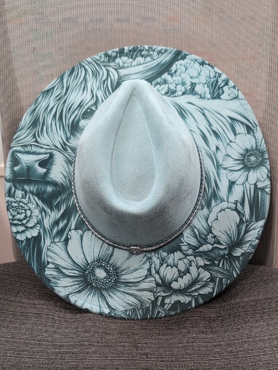 Handmade Accessories - Burned Western Hat | Floral Highland Cow Art | Artisan Made